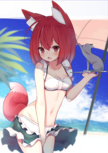 Anime picture 2894x4093 with original mm2k single long hair tall image looking at viewer blush fringe highres breasts open mouth light erotic hair between eyes red eyes standing bare shoulders holding animal ears sky cloud (clouds)