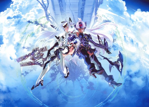 Anime picture 4728x3386 with xenosaga xenoblade xenoblade 2 monolith software kos-mos t-elos choco (chocolate shop) tanaka kunihiko long hair highres breasts light erotic multiple girls absurdres sky cloud (clouds) full body bent knee (knees) white hair eyes closed