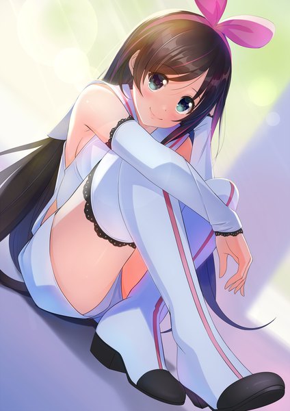 Anime picture 1300x1838 with virtual youtuber a.i. channel kizuna ai nyanmaru (artist) single long hair tall image looking at viewer blush fringe breasts smile hair between eyes brown hair sitting multicolored hair aqua eyes streaked hair lens flare leg hug