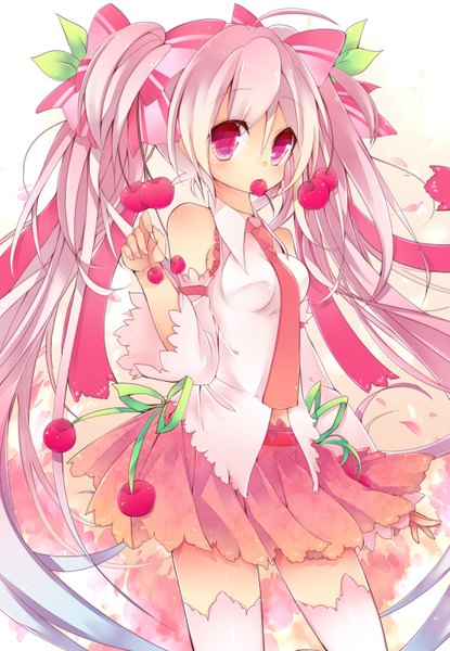 Anime picture 1024x1480 with vocaloid hatsune miku sakura miku leeannpippisum single tall image looking at viewer red eyes twintails pink hair very long hair girl thighhighs skirt bow hair bow detached sleeves miniskirt white thighhighs food