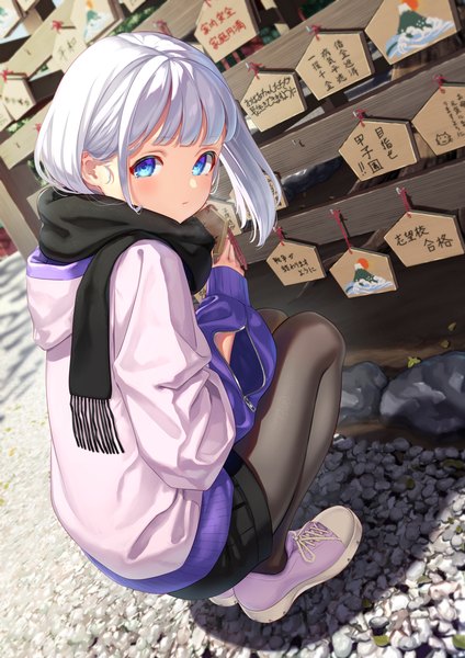 Anime picture 2894x4093 with original yoko-ya manjirou single tall image looking at viewer blush fringe highres short hair blue eyes holding silver hair full body outdoors blunt bangs long sleeves shadow dutch angle turning head squat