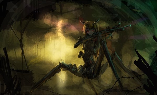 Anime picture 1500x911 with lm7 (op-center) short hair blonde hair red eyes wide image mecha musume insect girl girl weapon barbed wire