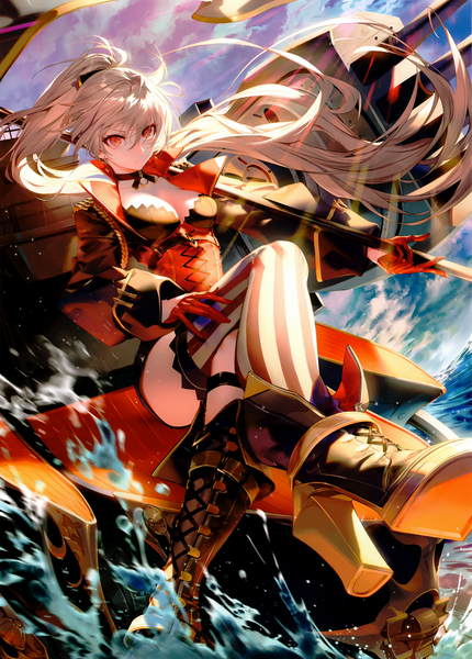 Anime picture 1228x1712 with azur lane jean bart (azur lane) kodama (wa-ka-me) single long hair tall image looking at viewer fringe breasts light erotic hair between eyes red eyes sky cleavage cloud (clouds) ponytail wind grey hair sunlight official art