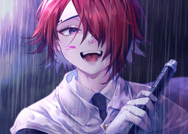 Anime picture 1600x1140 with master detective archives: rain code yomi hellsmile hong (beniimo hnkn) single looking at viewer fringe short hair open mouth purple eyes red hair :d hair over one eye rain boy gloves necktie white gloves