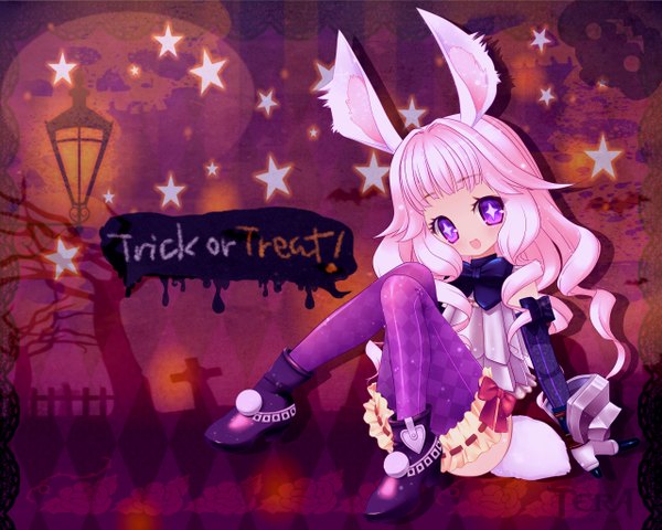 Anime picture 1280x1024 with tera online shimi (artist) single long hair looking at viewer blush open mouth smile purple eyes animal ears pink hair animal tail inscription loli girl boots bowtie