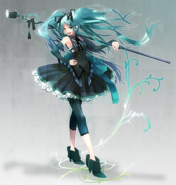 Anime picture 1140x1200 with vocaloid hatsune miku plastick single tall image open mouth simple background twintails very long hair aqua eyes aqua hair girl dress bow ribbon (ribbons) detached sleeves shoes microphone microphone stand leggings