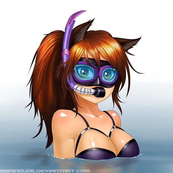 Anime picture 2000x2000 with ronin dude (ray cornwell) single long hair looking at viewer highres light erotic green eyes animal ears ponytail orange hair girl diving mask