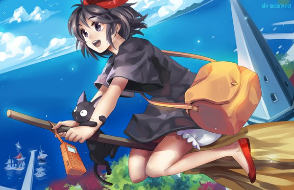 Anime picture 1000x647 with kiki's delivery service studio ghibli kiki ofskysociety single fringe short hair open mouth holding signed looking away sky glowing happy horizon flying witch knees touching weightlessness falling