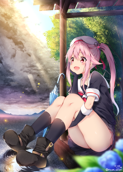 Anime picture 1339x1879 with kantai collection harusame destroyer nyum single long hair tall image open mouth light erotic looking away pink hair :d pink eyes sunlight arm support legs happy sunbeam summer girl gloves