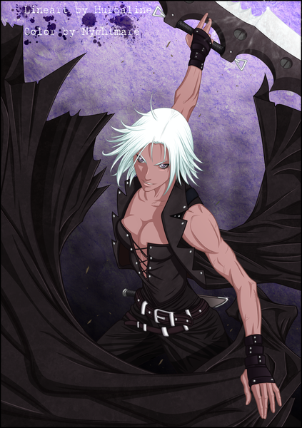 Anime picture 1417x2010 with jackals (manga) roxy (jackals) dark-nyghtmare single tall image short hair smile purple eyes white hair coloring muscle boy weapon belt fingerless gloves cloak knife
