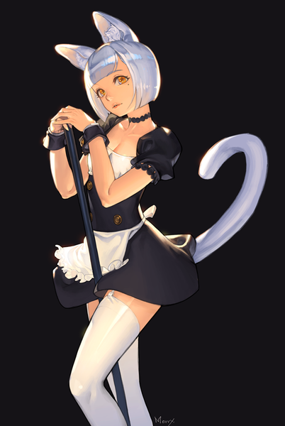 Anime-Bild 603x900 mit original morry single tall image looking at viewer fringe short hair simple background signed cleavage silver hair blunt bangs mole cat girl orange eyes puffy sleeves mole under eye black background girl thighhighs