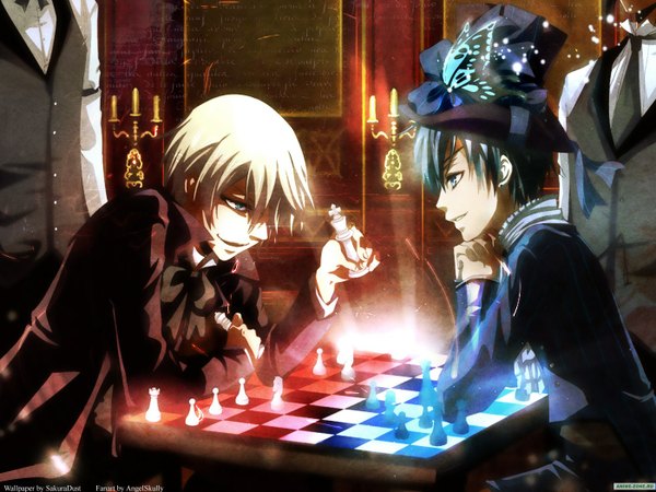 Anime picture 1400x1050 with kuroshitsuji a-1 pictures sebastian michaelis ciel phantomhive alois trancy claude faustus kuro-mai blue eyes blonde hair blue hair glow battle butler boy hat bowtie insect butterfly eyepatch candle (candles)