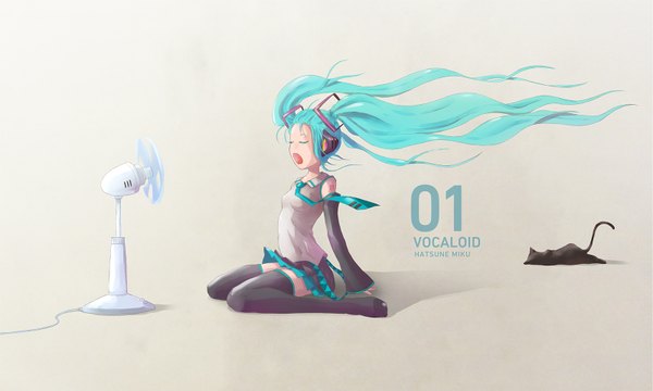Anime picture 1600x960 with vocaloid hatsune miku satyuas single long hair open mouth simple background wide image sitting full body eyes closed wind aqua hair no shoes copyright name character names wariza girl thighhighs black thighhighs