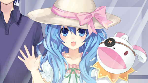 Anime picture 1280x720 with date a live yoshino (date a live) yoshinon itsuka shidou long hair blush open mouth blue eyes wide image blue hair game cg loli against glass girl dress boy bow hat toy stuffed animal