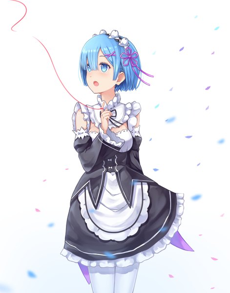 Anime picture 786x1000 with re:zero kara hajimeru isekai seikatsu white fox rem (re:zero) rizihike single tall image blush fringe short hair open mouth blue eyes simple background hair between eyes standing white background blue hair looking away wind maid girl