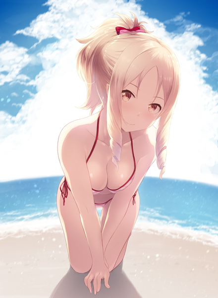 Anime picture 3898x5315 with eromanga sensei a-1 pictures yamada elf cait single long hair tall image looking at viewer blush fringe highres breasts light erotic blonde hair smile bare shoulders brown eyes payot absurdres sky