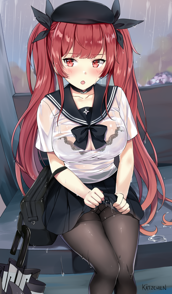 Anime picture 1920x3274 with azur lane honolulu (azur lane) honolulu (umbrella girl) (azur lane) kaetzchen single long hair tall image blush fringe highres breasts light erotic red eyes large breasts sitting twintails signed payot red hair blunt bangs