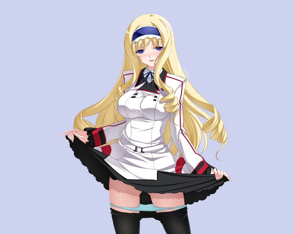 Anime picture 1024x819 with infinite stratos 8bit cecilia orcott single long hair blush blue eyes light erotic simple background blonde hair drill hair skirt lift panty pull girl uniform school uniform hairband
