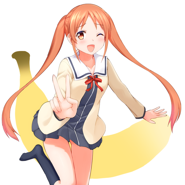 Anime picture 1600x1600 with aho girl hanabatake yoshiko faubynet single long hair looking at viewer blush fringe open mouth simple background smile standing white background twintails payot one eye closed wink orange hair orange eyes thigh gap