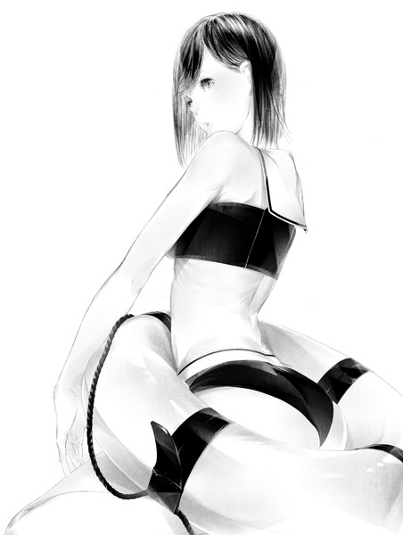 Anime picture 1000x1327 with original sousou (sousouworks) single tall image short hair light erotic black hair simple background white background bare shoulders looking away ass black eyes midriff monochrome girl swimsuit sailor suit lifebuoy