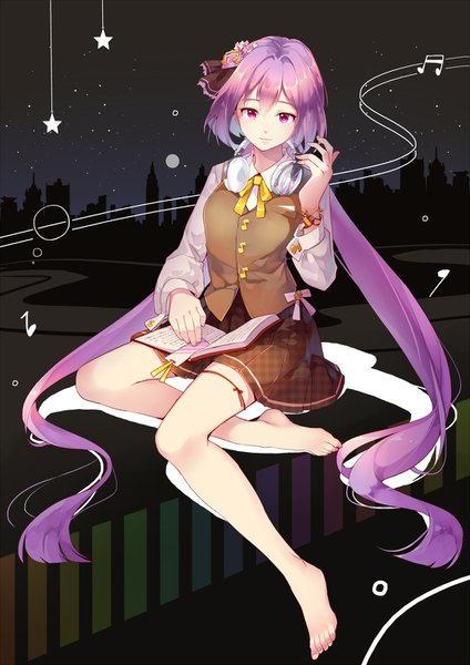 Anime-Bild 1060x1500 mit touhou tsukumo benben yetworldview kaze single tall image looking at viewer smile sitting twintails sky purple hair full body bent knee (knees) outdoors long sleeves very long hair pleated skirt pink eyes barefoot fingernails
