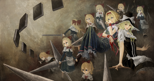 Anime picture 2000x1055 with touhou kirisame marisa alice margatroid shanghai akaikitsune long hair fringe highres short hair breasts blue eyes blonde hair wide image sitting holding yellow eyes ponytail light smile maid crossed legs