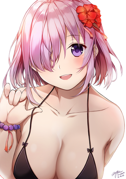 Anime picture 707x1000 with fate (series) fate/grand order mash kyrielight yeooudam single tall image looking at viewer blush fringe short hair breasts open mouth light erotic simple background large breasts white background purple eyes signed pink hair cleavage
