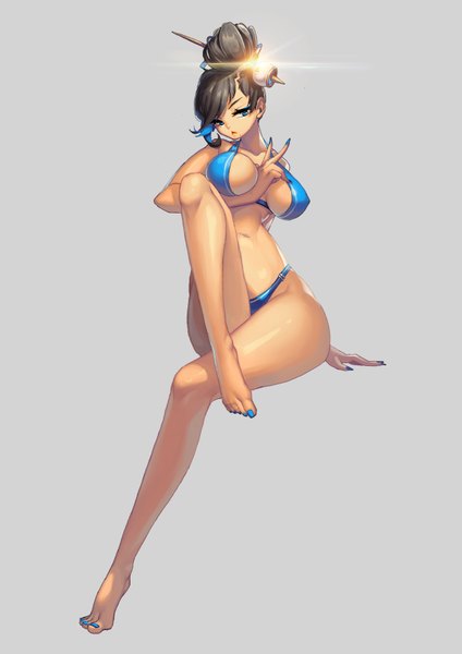 Anime picture 2480x3508 with tagme (copyright) yamijam single tall image highres short hair blue eyes light erotic black hair simple background lips grey background mole legs mole under eye mole under mouth girl swimsuit bikini