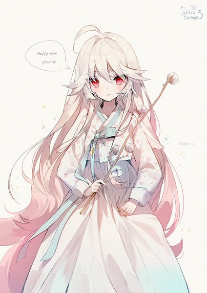 Anime-Bild 800x1132 mit witch springs eirudy snow is single tall image looking at viewer blush fringe simple background hair between eyes red eyes signed ahoge white hair very long hair traditional clothes copyright name twitter username slit pupils new year