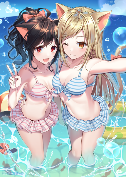 Anime picture 643x900 with original pinb long hair tall image looking at viewer blush fringe breasts open mouth light erotic blonde hair smile red eyes brown hair bare shoulders multiple girls animal ears yellow eyes payot sky