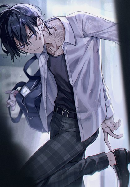 Anime picture 2270x3253 with original sudio tuze111 single tall image looking at viewer fringe highres short hair blue eyes black hair hair between eyes wet tattoo open shirt piercing ear piercing wet clothes plaid adjusting footwear