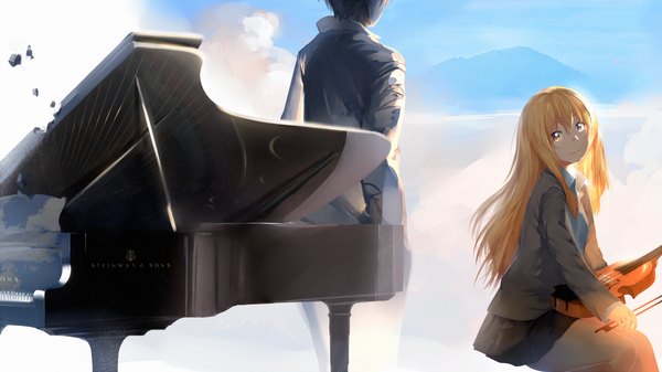 Anime picture 1200x675 with shigatsu wa kimi no uso a-1 pictures miyazono kaori arima kousei hews long hair looking at viewer blush fringe black hair blonde hair wide image standing sitting yellow eyes looking away head tilt light smile open clothes reflection
