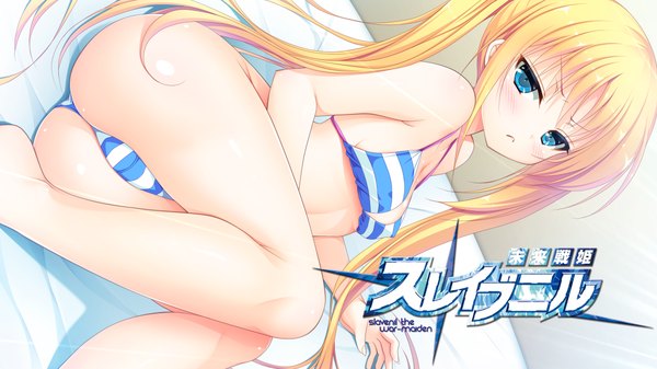 Anime picture 1024x576 with mirai senki slavenil long hair blush blue eyes light erotic blonde hair wide image twintails game cg ass girl swimsuit bikini