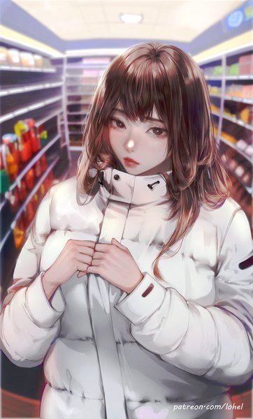 Anime picture 2280x3784 with original lohel single long hair tall image looking at viewer fringe highres brown hair standing brown eyes signed indoors blunt bangs long sleeves lips blurry realistic girl coat