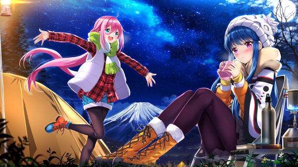 Anime picture 1920x1080 with yurucamp kagamihara nadeshiko shima rin swordsouls long hair blush fringe highres open mouth blue eyes smile hair between eyes wide image standing sitting twintails multiple girls holding payot blue hair