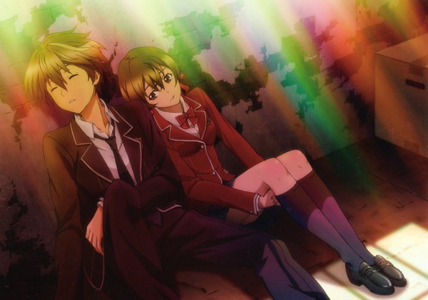 Anime picture 6968x4892 with guilty crown production i.g ouma shu menjou hare highres short hair brown hair sitting brown eyes absurdres eyes closed scan sleeping girl boy skirt uniform school uniform necktie bowtie