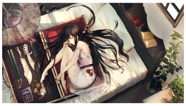 Anime picture 2100x1200 with original kei (k tmr) single long hair highres black hair wide image brown eyes barefoot bare legs girl dress weapon sword katana gun bed sundress knife pistol