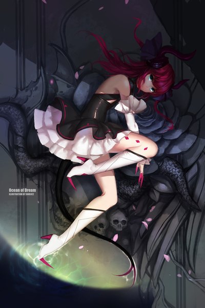 Anime picture 1417x2126 with fate (series) fate/extra type-moon elizabeth bathory (fate) (all) elizabeth bathory (fate) swd3e2 single long hair tall image looking at viewer blue eyes signed red hair horn (horns) girl dress detached sleeves petals boots skull