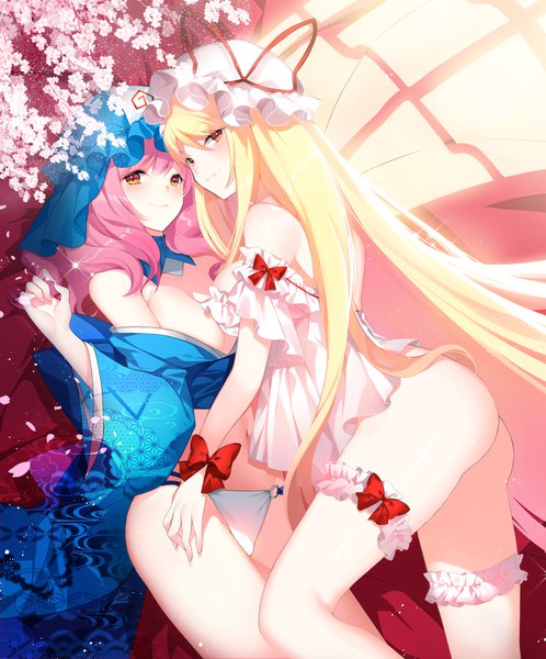 Anime picture 1245x1500 with touhou yakumo yukari saigyouji yuyuko roh nam kyung long hair tall image blush breasts light erotic blonde hair red eyes bare shoulders multiple girls pink hair ass traditional clothes japanese clothes cherry blossoms shoujo ai girl