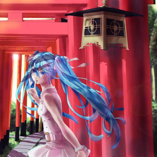 Anime picture 2000x2000 with vocaloid hatsune miku uminmin single long hair looking at viewer fringe highres twintails looking back aqua eyes aqua hair alternate costume finger to mouth girl ribbon (ribbons) hair ribbon hat