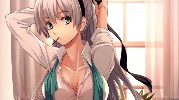 Anime picture 1920x1080 with eiyuu densetsu elie macdowell enami katsumi long hair highres breasts light erotic blonde hair wide image large breasts green eyes silver hair mouth hold girl hair ornament ribbon (ribbons) hair ribbon window hairclip