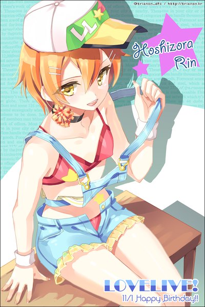 Anime picture 600x900 with love live! school idol project sunrise (studio) love live! hoshizora rin trianon single tall image fringe short hair light erotic hair between eyes sitting yellow eyes from above orange hair copyright name character names happy birthday open shorts girl