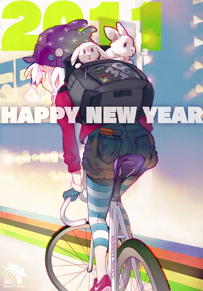 Anime picture 1450x2080 with original minawa single tall image short hair white hair from behind striped exhalation new year happy new year 2011 girl gloves animal shorts short shorts ground vehicle cap backpack