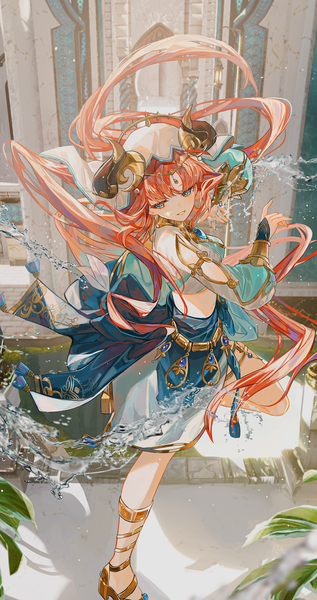 Anime picture 3737x7083 with genshin impact nilou (genshin impact) utsuhostoria single tall image fringe highres blue eyes smile standing absurdres red hair very long hair horn (horns) from above standing on one leg dancing girl detached sleeves water