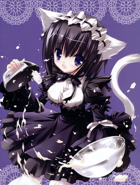 Anime picture 4844x6385 with original tinker bell long hair tall image blush highres short hair open mouth black hair purple eyes animal ears absurdres cat ears maid cat girl cat tail girl headdress maid headdress cream