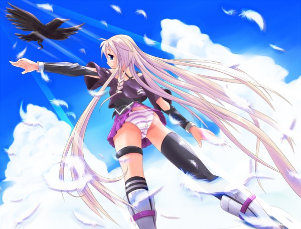 Anime picture 1280x974 with vocaloid ia (vocaloid) n2m3 (artist) long hair blush blue eyes light erotic blonde hair smile cloud (clouds) girl thighhighs skirt underwear panties black thighhighs miniskirt animal bird (birds) feather (feathers)