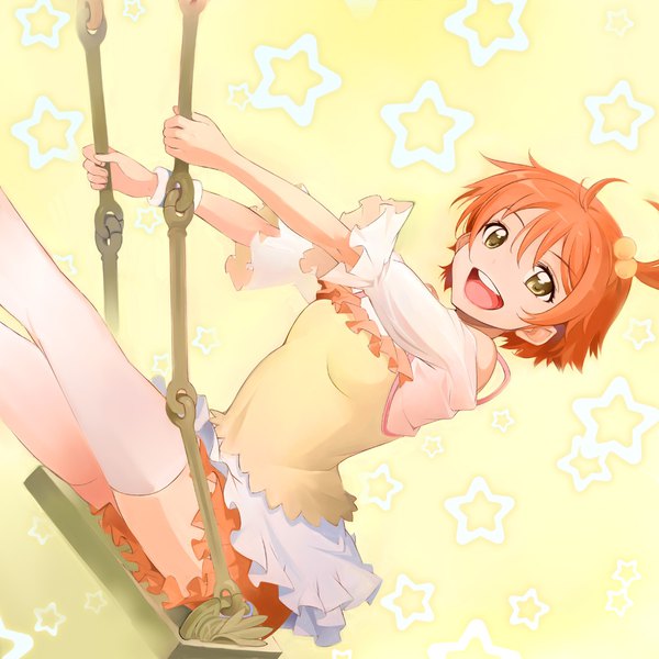 Anime picture 1100x1100 with love live! school idol project sunrise (studio) love live! hoshizora rin miyo (13th floor) single looking at viewer short hair open mouth yellow eyes ahoge :d orange hair teeth one side up yellow background casual girl thighhighs white thighhighs
