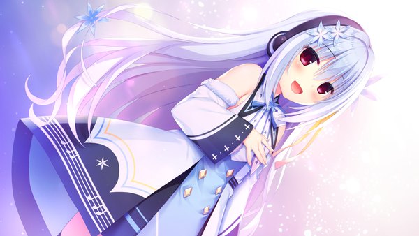 Anime picture 2560x1440 with hamidashi creative yukige shiki utsunomiya tsumire single long hair looking at viewer blush fringe highres open mouth hair between eyes red eyes wide image standing game cg silver hair :d from below dutch angle girl