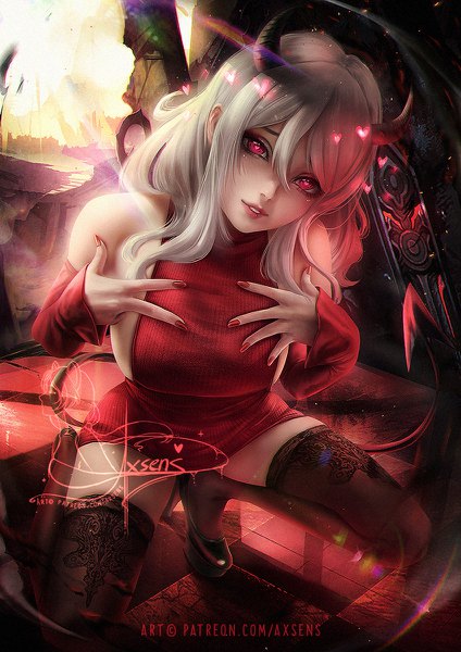 Anime picture 848x1200 with helltaker modeus (helltaker) axsen single long hair tall image looking at viewer fringe light erotic hair between eyes bare shoulders payot silver hair full body outdoors tail nail polish parted lips head tilt pink eyes