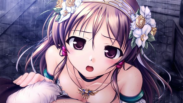Anime picture 1280x720 with aiyoku no eustia eris floralia long hair blush open mouth brown hair wide image purple eyes game cg girl